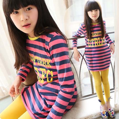 Tae20362014年の新しい波メス韓国子供ラウンドネックストライプt- シャツ-キッズ服　Tシャツ問屋・仕入れ・卸・卸売り