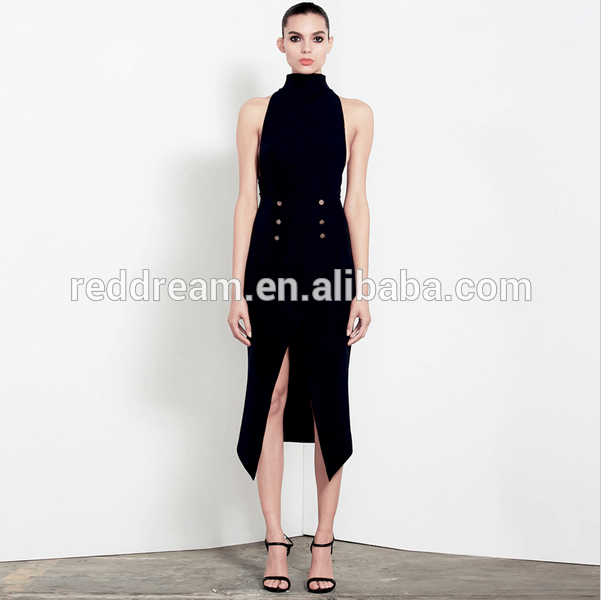 2016新しいセクシーな黒ボトンハイネックスプリットセレブスタイル包帯ドレス-プラスサイズドレス、スカート問屋・仕入れ・卸・卸売り
