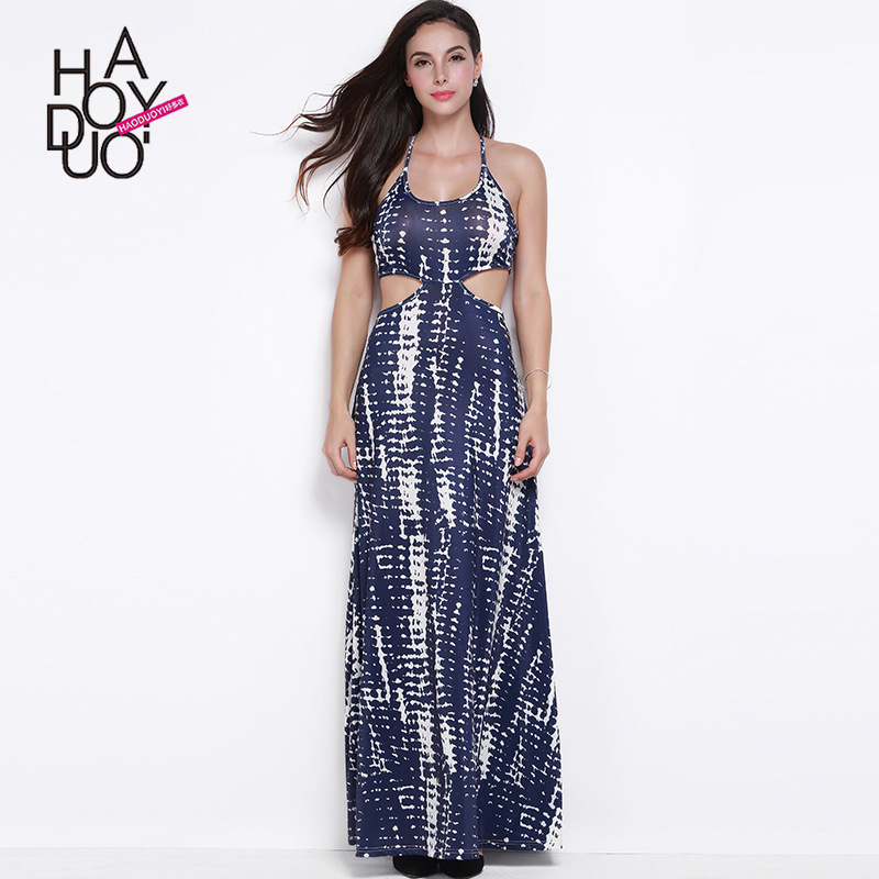 Haoduoyi女性のファッションスパゲッティストラップノースリーブ背中の開いたかわいいエスニックプリントネクタイウエストスリム夏シフォンドレスのための卸売-カジュアルドレス問屋・仕入れ・卸・卸売り