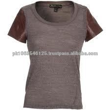 T- シャツgi_4546レザースリーブ付きのtシャツ- 袖革革のポケット付きのtシャツ- ファッションレザースリーブtシャツ-Tシャツ問屋・仕入れ・卸・卸売り