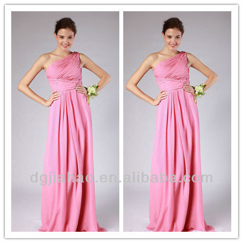 ピンクの片方の肩プリーツロングシフォン花嫁介添人ドレス-プラスサイズドレス、スカート問屋・仕入れ・卸・卸売り