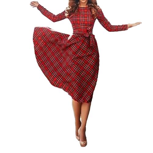 新ヴィンテージ女性の格子縞のドレス長袖ウエストストラップチェックタータンカクテルパーティースイングドレス赤-カジュアルドレス問屋・仕入れ・卸・卸売り