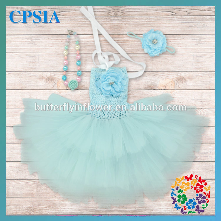 Aqua Tulle Fluffy 3 layers New Model Girl Dress & Necklace & Flower Set New Stylish Flower Girl Dress Of 9 Years Old-フラワーガールドレス問屋・仕入れ・卸・卸売り