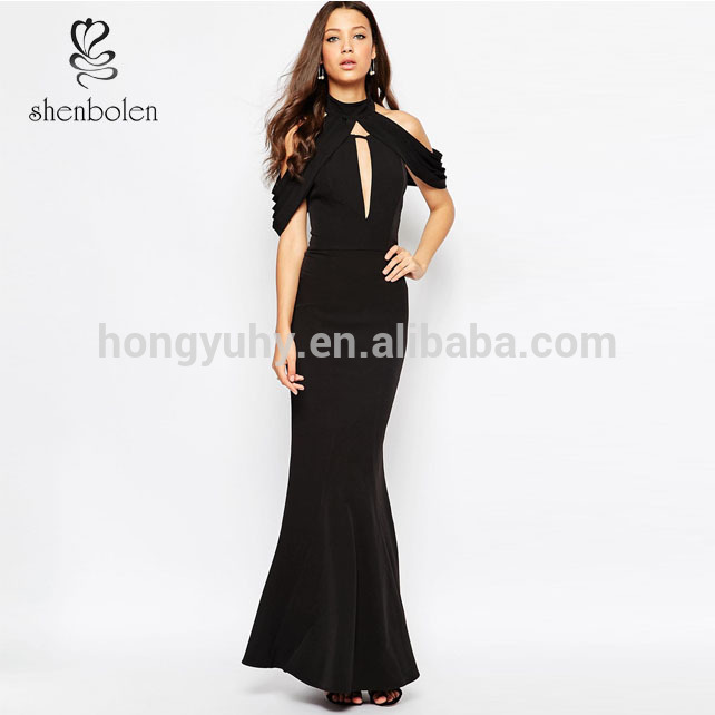 ホルターネックラインアウトカットファッション黒の長いセクシーなイブニングドレス-プラスサイズドレス、スカート問屋・仕入れ・卸・卸売り
