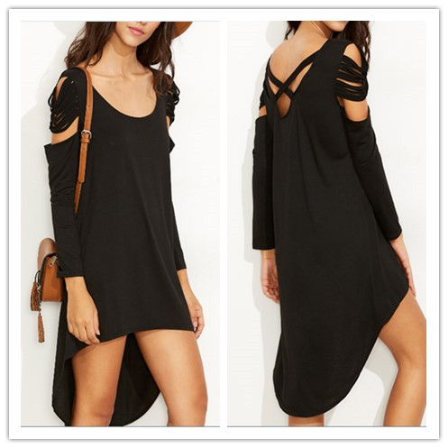 黒オープンショルダークリスクロスバック高値安値tシャツドレス(QZ082001)-プラスサイズドレス、スカート問屋・仕入れ・卸・卸売り