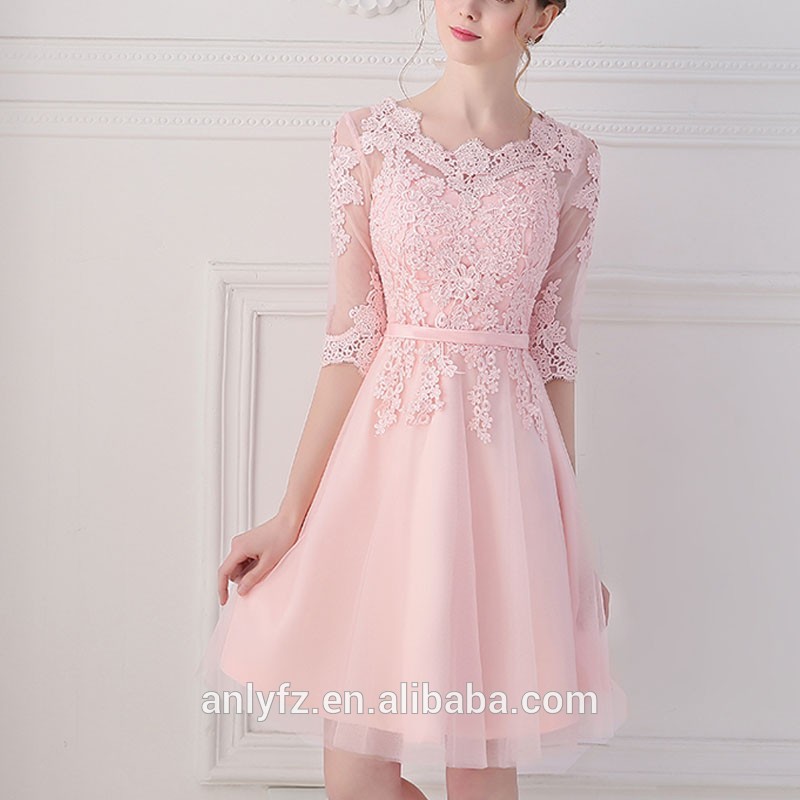 2016最新のファッションデザイン韓国スタイルピンク甘いレース長袖の短いウェディングドレス-結婚式用母親ドレス問屋・仕入れ・卸・卸売り