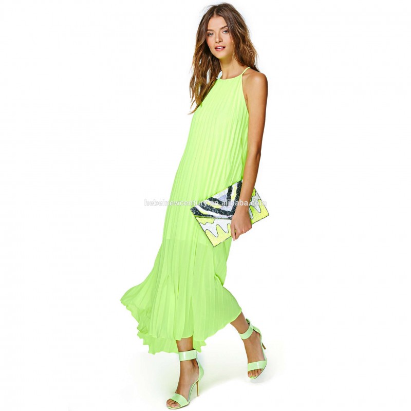 2015マキシシフォンドレス女性のためのレモンの緑スカートショルダー付き- ストラッププリーツスカートのイブニングドレス-カジュアルドレス問屋・仕入れ・卸・卸売り