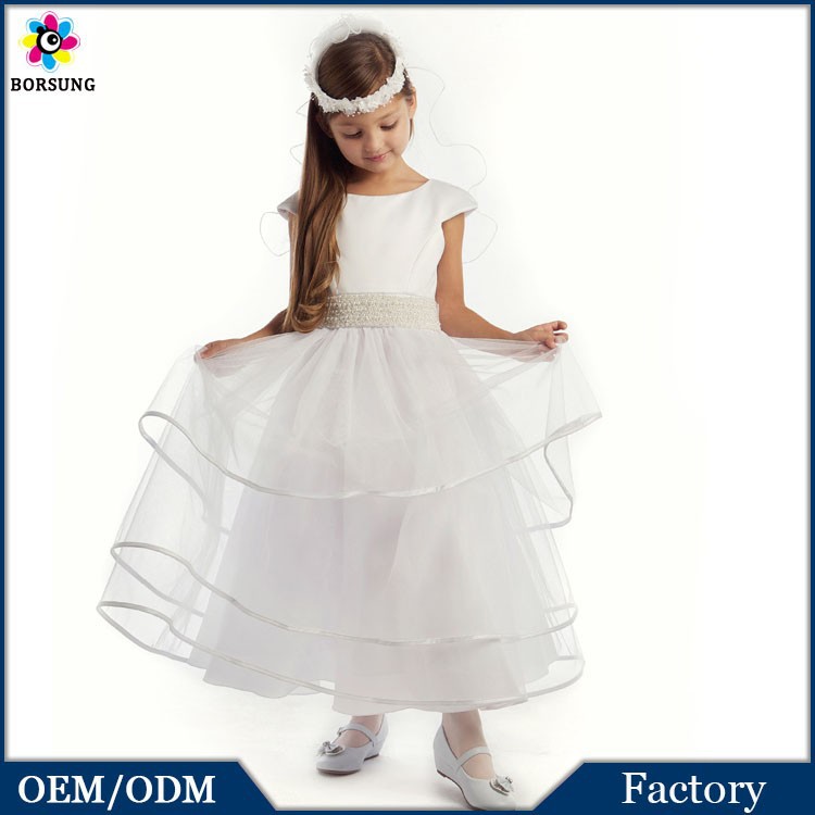の子供の白いサテンとチュールパール付ゴージャスな階層化されたサッシのウェディングドレス女の子拝領のドレスのalibaba-ウエディングドレス問屋・仕入れ・卸・卸売り