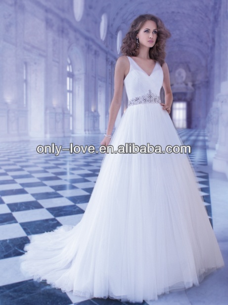 ソフトチュールvネックライン2014年宝石がちりばめられたウエストラインnwd015花嫁のウェディングドレス-プラスサイズドレス、スカート問屋・仕入れ・卸・卸売り