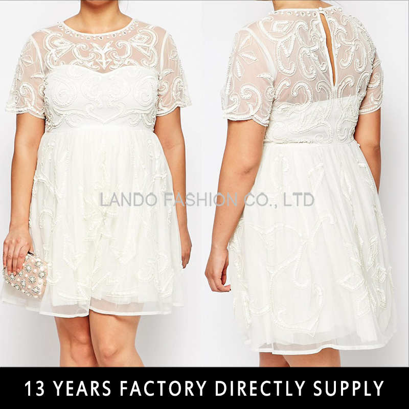 ホワイト刺繍入り半袖結婚式パーティードレスで装飾-結婚式用母親ドレス問屋・仕入れ・卸・卸売り