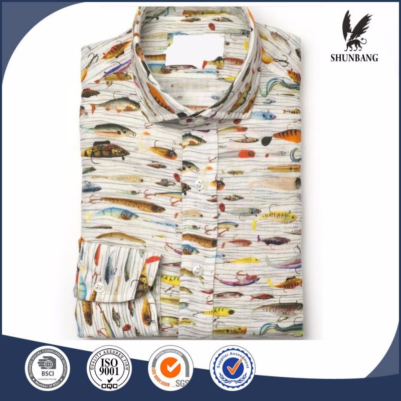 通気性リネンの服中国輸出魚印刷男の子シャツ-プラスサイズシャツ、ブラウス問屋・仕入れ・卸・卸売り