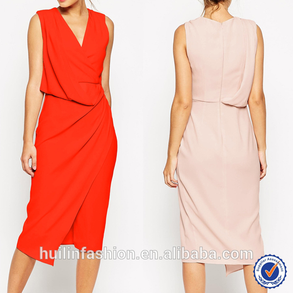 最新の卸売ラップドレスミディ女性ノースリーブvネックウェディングドレスのデザイン-カジュアルドレス問屋・仕入れ・卸・卸売り