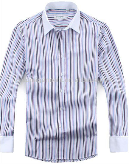 メンズ綿ストライプ白襟と白フレンチカフドレスシャツ-紳士用シャツ問屋・仕入れ・卸・卸売り