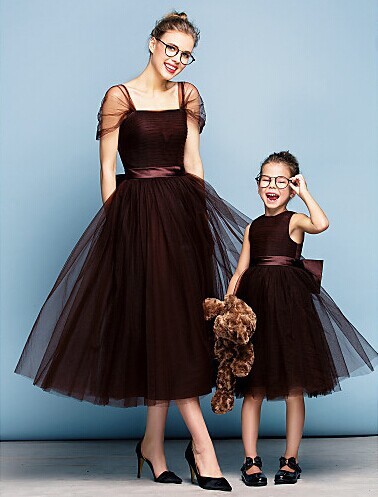 母と娘のデザイン黒オーガンザのイブニングドレスドレスドレスのパーティー-プラスサイズドレス、スカート問屋・仕入れ・卸・卸売り