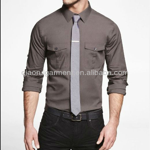 男性のグレーフード付きポケットスリムフィットダブルロール- タブスリーブカジュアルシャツ-紳士用シャツ問屋・仕入れ・卸・卸売り