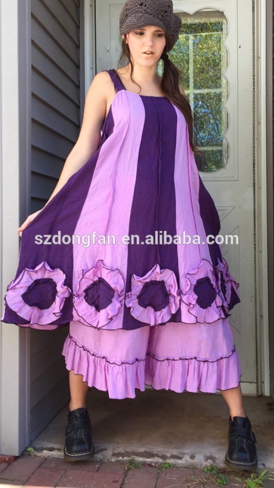 女性紫のストライプグロメット・ブドウ麻フリルのドレス-カジュアルドレス問屋・仕入れ・卸・卸売り