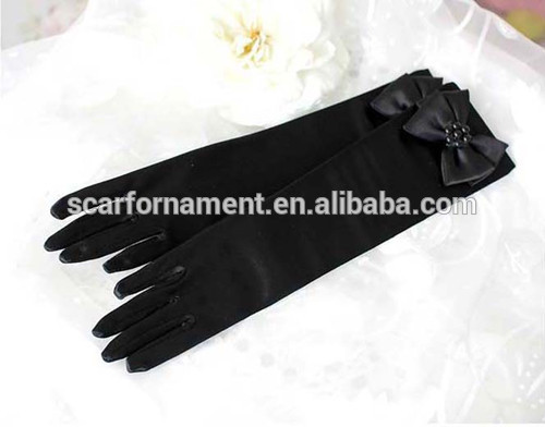最新の長さのサテンの黒の肘手袋子供用コスプレショー手袋付き弓ビーズのウェディングドレスのための白のブライダル手袋-ウエディンググローブ問屋・仕入れ・卸・卸売り