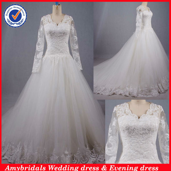深いネックライン01557実像の花嫁の服の長い袖のレースのウェディングドレス-結婚式用母親ドレス問屋・仕入れ・卸・卸売り