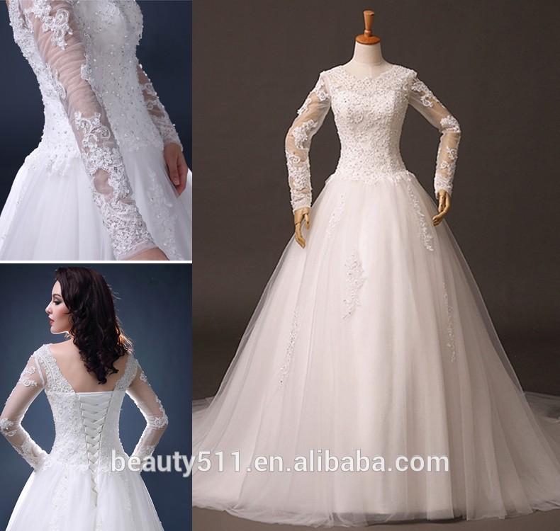 新しいデザイン2015a- ラインスクープネックブライダル長い袖のレースのウェディングドレスの花嫁の服bn36中国製-ウエディングドレス問屋・仕入れ・卸・卸売り