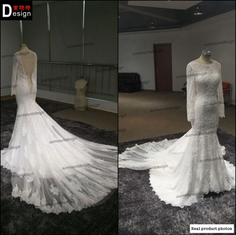 カスタムメイド克服の現実の姿の床の長さラウンドネック背中が大きく開い長い袖の人魚のウェディングドレス2015-ウエディングドレス問屋・仕入れ・卸・卸売り