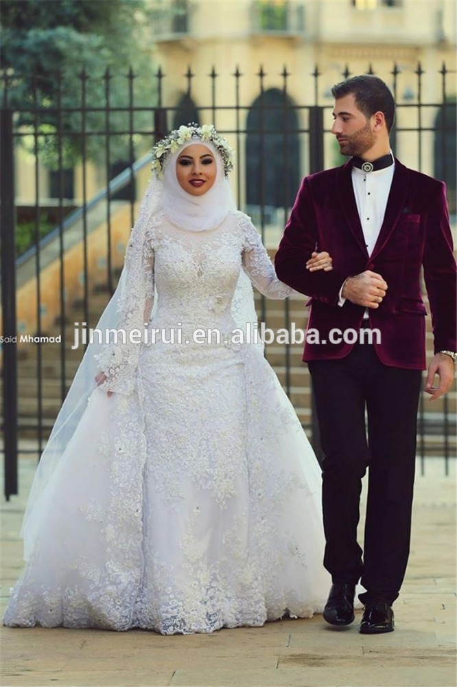 vestidosドnoivaサウジアラビアイスラム教徒のウェディングドレス長い袖のレースの花嫁の服のアップリケhs409わずかなビーズ-ウエディングドレス問屋・仕入れ・卸・卸売り