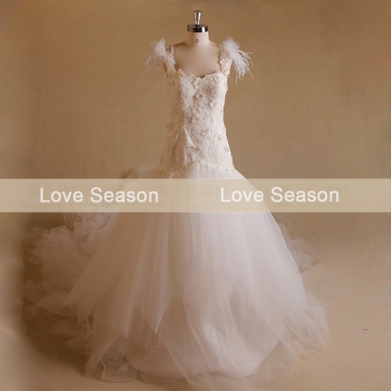 MRY081featherストラップロングトレイン透明ウェディングドレス大きな白い王女のウェディングドレスコルセットのウェディングドレス-プラスサイズドレス、スカート問屋・仕入れ・卸・卸売り