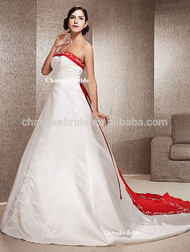 レッド&ホワイトオフショルダーストラップレスのサテン生地のウェディングドレス花嫁-プラスサイズドレス、スカート問屋・仕入れ・卸・卸売り