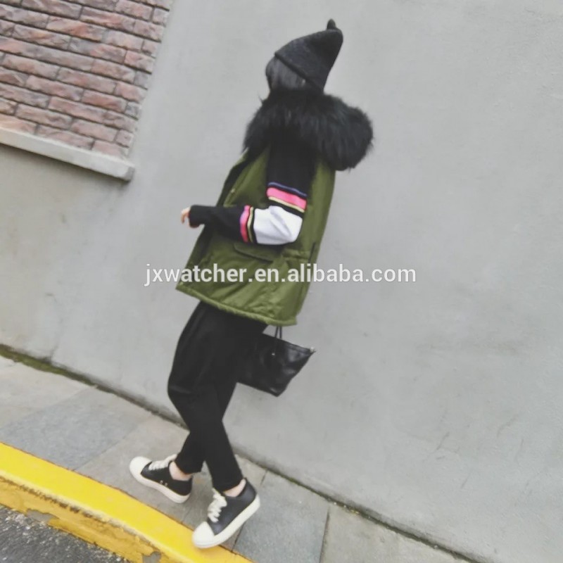 冬の女性黒フェイクファー裏地ベスト大きなアライグマの毛皮の襟パーカーベストファー付き-ベスト問屋・仕入れ・卸・卸売り