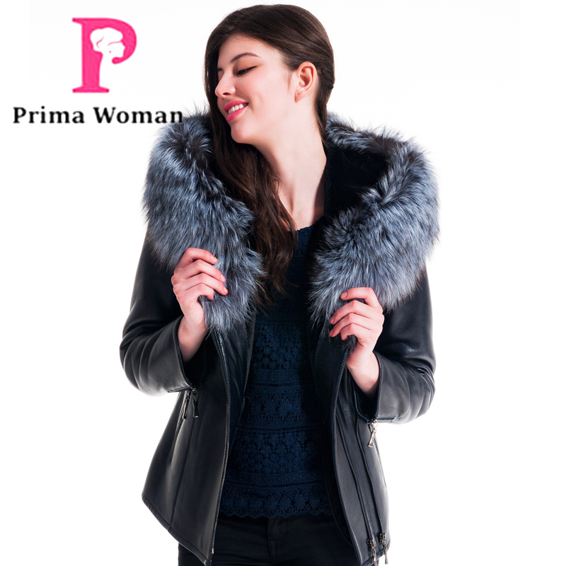 2015冬の女性プラス ショート レザー ジャケット付き シルバー フォックス帽子毛皮の コート-コート問屋・仕入れ・卸・卸売り