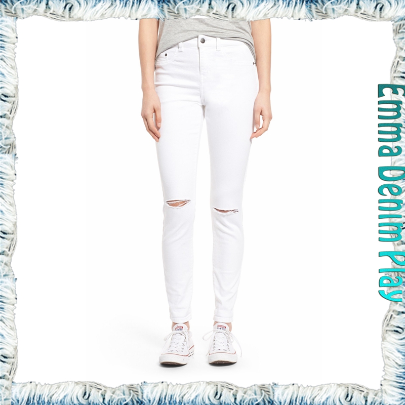 2016固体白い膝スリットデザインスタイリッシュなモデル女の子のスーパーエラスタンスキニーデニムジーンズ-ジーンズ問屋・仕入れ・卸・卸売り
