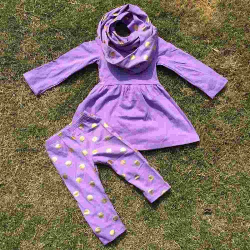赤ちゃんの服の滝・冬の衣装の個の女の子3ポルカドットパンツセット深セン黄金の女の子は、 ブティックの服子供紫色の最上位セット-キッズ服　セット問屋・仕入れ・卸・卸売り