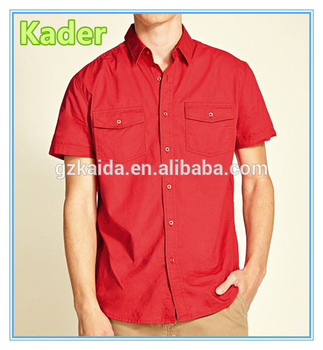 古典的な綿混紡2ポケットマニュアルシャツ半袖赤のシャツ-プラスサイズシャツ、ブラウス問屋・仕入れ・卸・卸売り