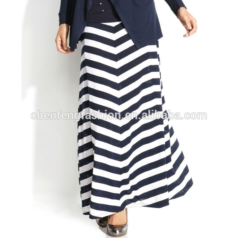 ブルー羽目板ストライプシェブロンロングマキシスカート-プラスサイズドレス、スカート問屋・仕入れ・卸・卸売り