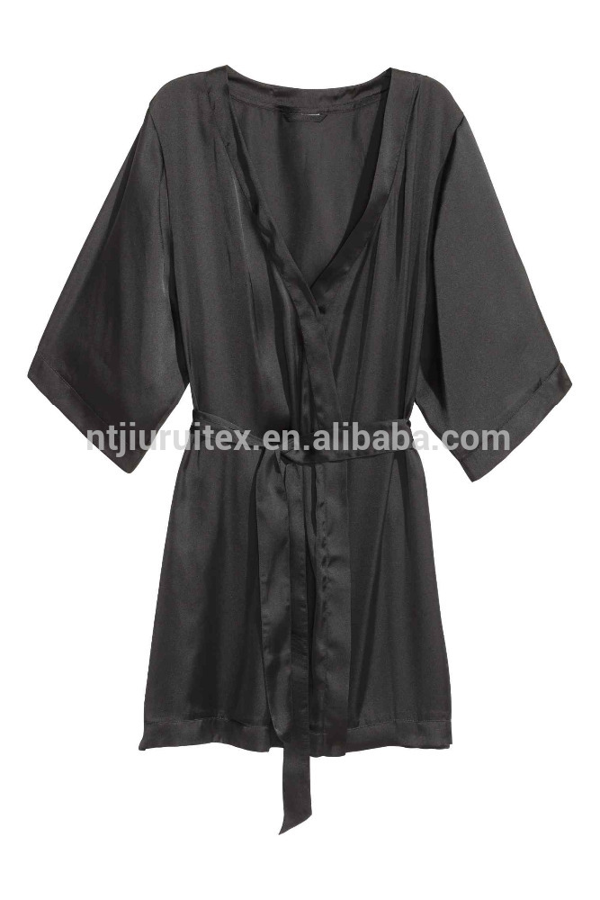 ブラックサテン着物襟短いローブで3/4スリーブ-バスローブ問屋・仕入れ・卸・卸売り
