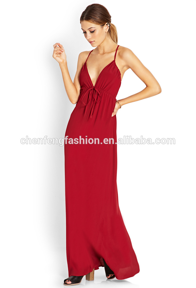 繊細なクレープは、 不織布巾着chefonマキシスパゲッティストラップドレス赤-カジュアルドレス問屋・仕入れ・卸・卸売り