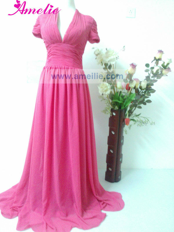 半袖vネックラインac7r01桃シフォンロングイブニングドレス-プラスサイズドレス、スカート問屋・仕入れ・卸・卸売り